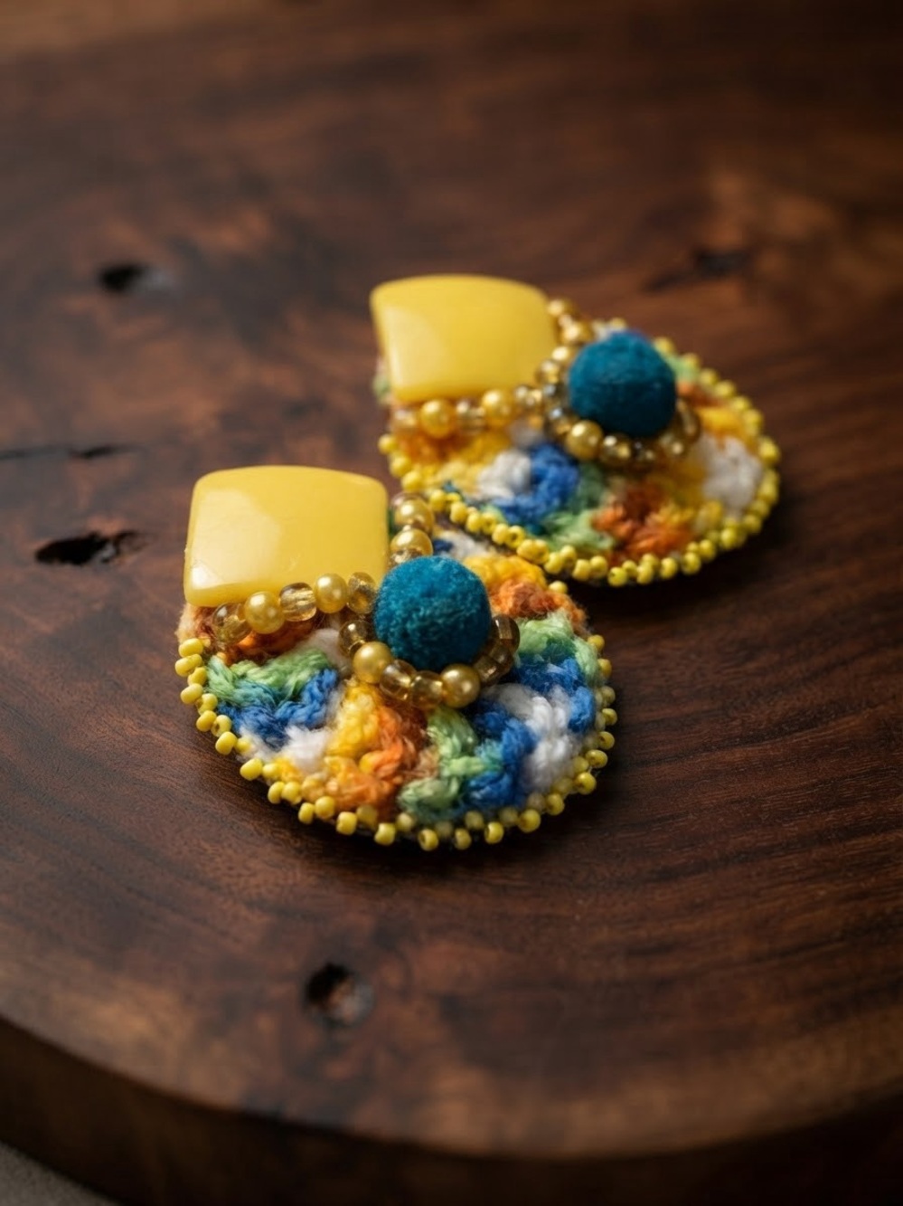Colorful Yellow Multicolor Crochet Drop Earrings with Teal Accent